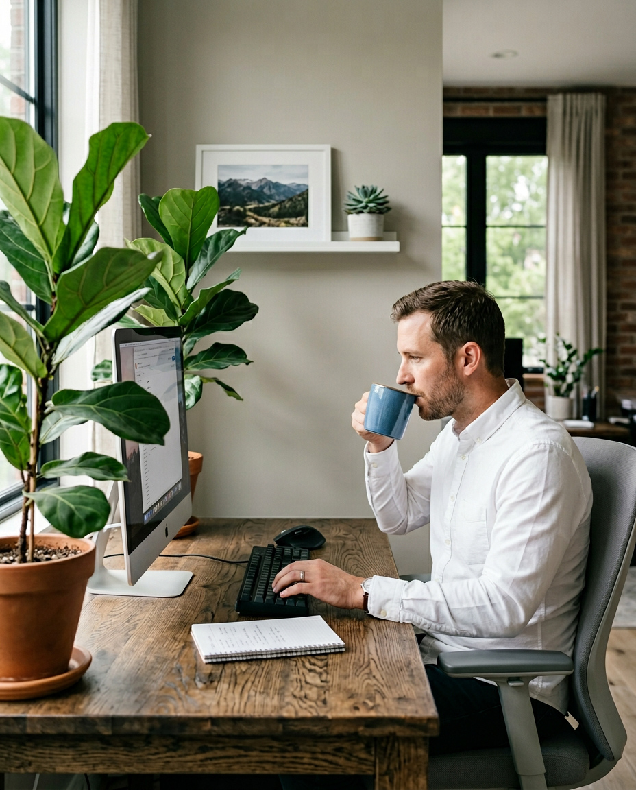 a-man-in-a-white-shirt-sits-at-a-rustic-wooden-desk-looking-at-a-computer-screen.-he-holds-a-blue-mug-in-his-left-hand-and-his-right-hand-rests-on-the-keyboard.-to-his-left-a-large-fiddle