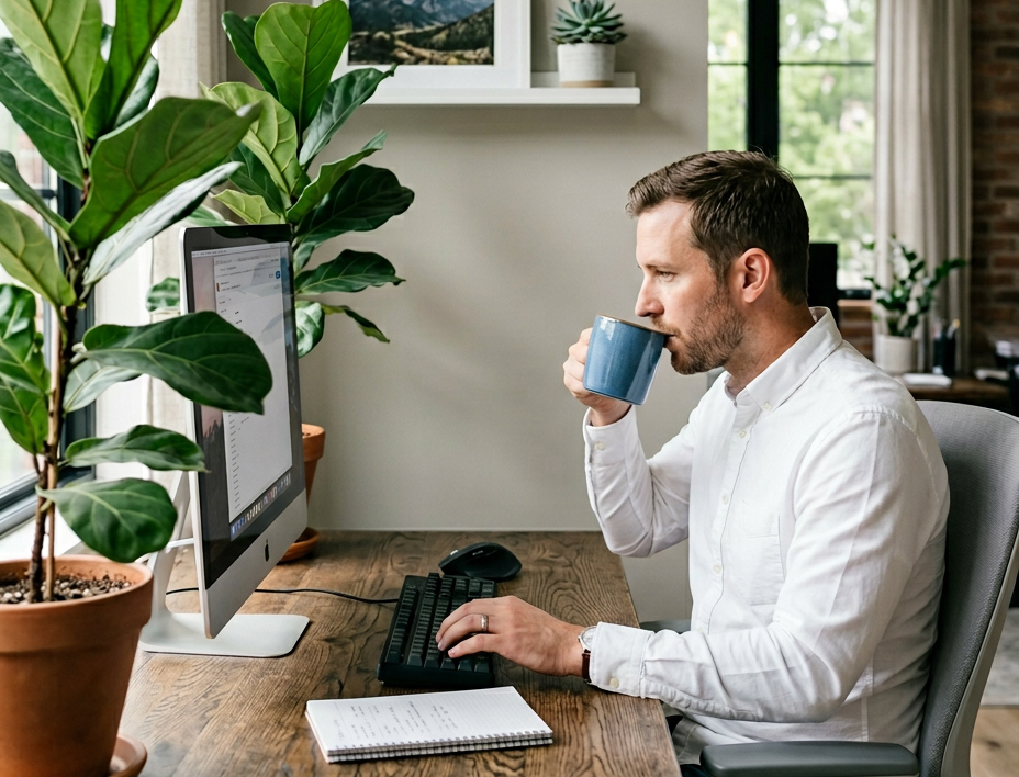 a-man-in-a-white-shirt-sits-at-a-rustic-wooden-desk-looking-at-a-computer-screen.-he-holds-a-blue-mug-in-his-left-hand-and-his-right-hand-rests-on-the-keyboard.-to-his-left-a-large-fiddle